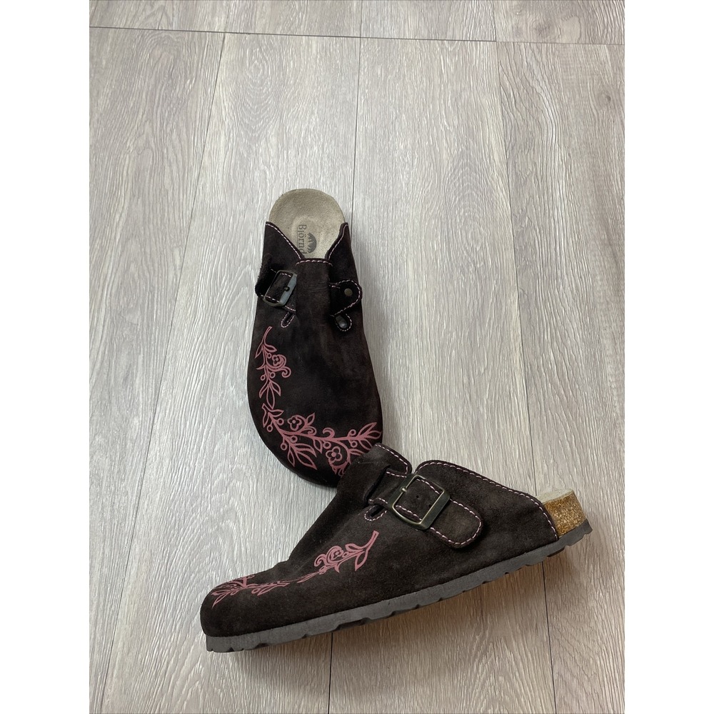 Bjorndal Brown Leather Clogs Mule Women's Size 9 Floral Print Adjustable Strap